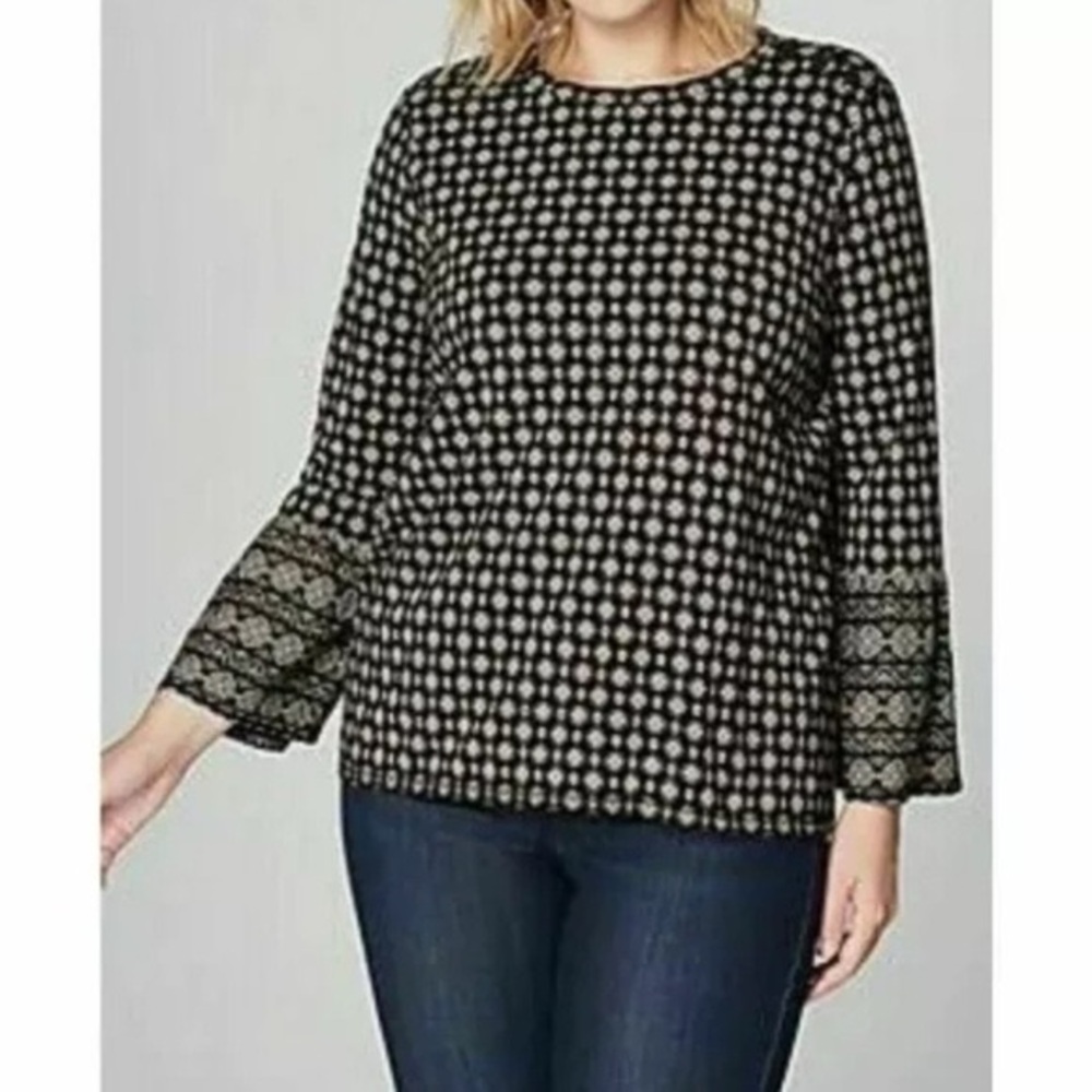 J. Jill Luxe Supima Ruffled-Sleeve Top Geometric Print Black‎ Size Small P